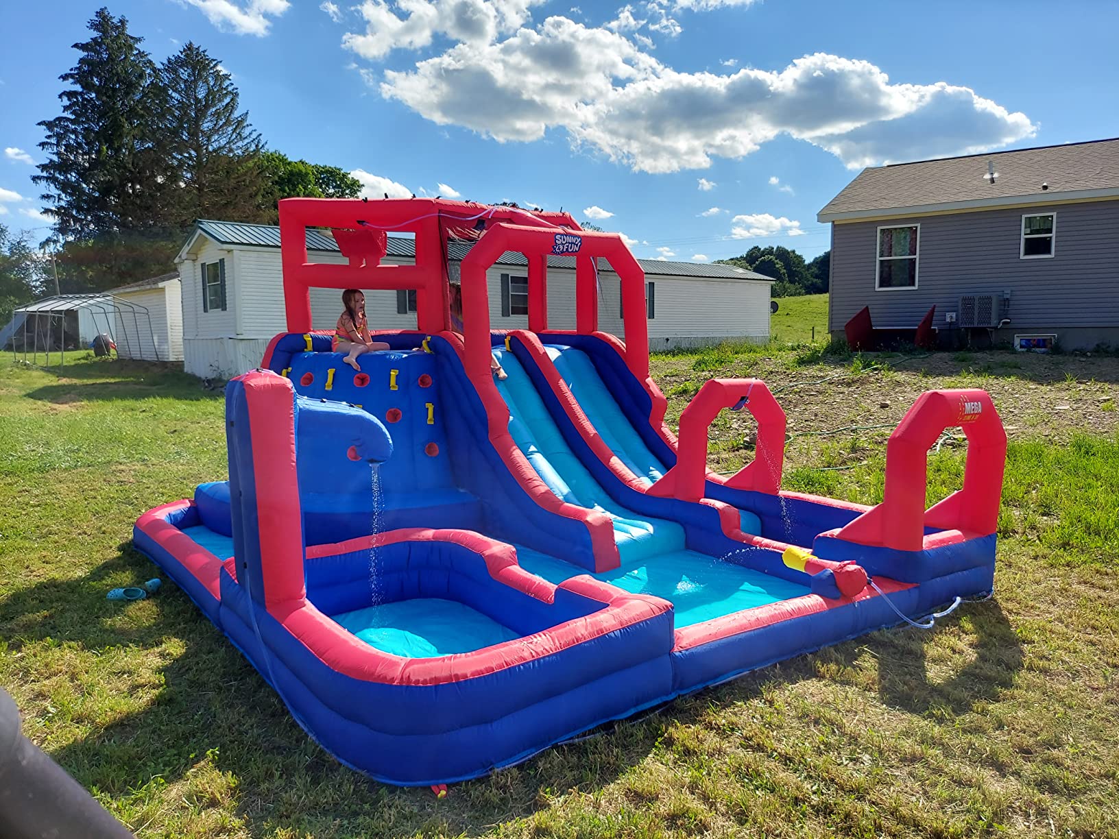 【Sports&Outdoors】【BS】Inflatable Water Slide Park - Climbing Wall, 2 Slides, Splash & Deep Pool