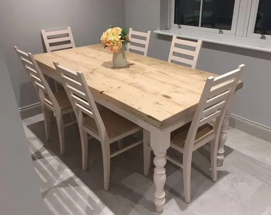 Farmhouse dining table with reclaimed wood top and 6 chairs
