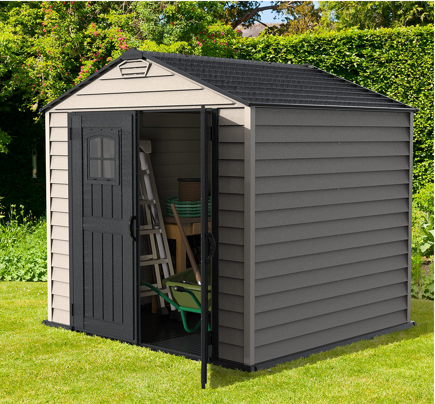 【Storage Shed】7x7 PLUS Plastic Garden Shed with Heavy-Duty Plastic Floor & Fixed Window on Doors