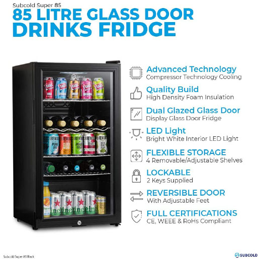 Subcold Super85 LED – Under-Counter Fridge | 85L Beer, Wine & Drinks Fridge | LED Light + Lock and Key | Energy Efficient (Silver, 85L) [Energy Class E]