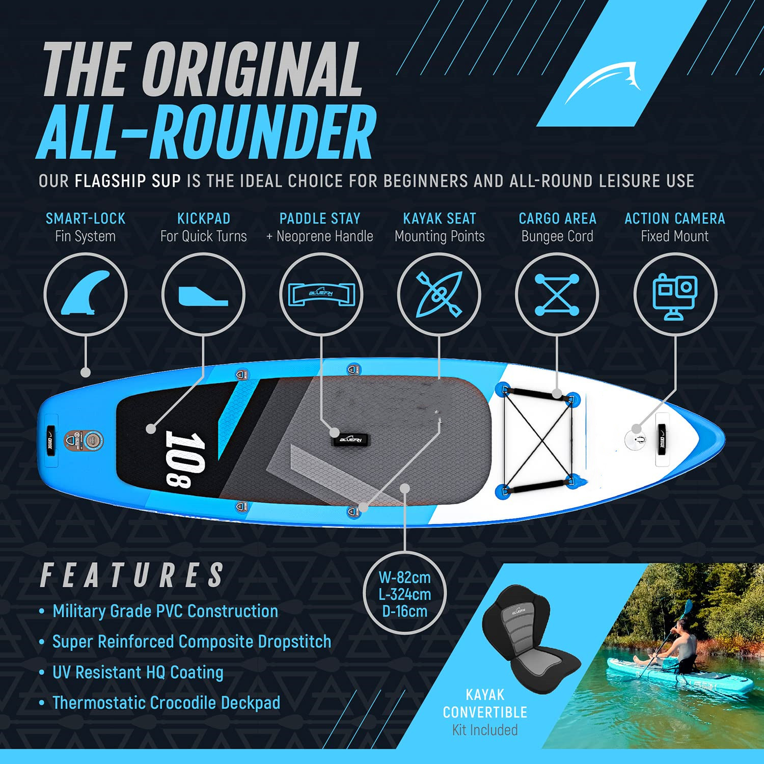 Bluefin SUP Inflatable Stand Up Paddle Board | 6” Thick | Kayak Conversion Kit | All Accessories | Multiple sizes: Kids, 10’8, 12’