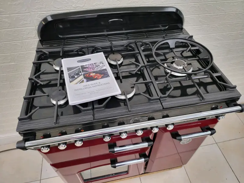 Rangemaster Classic Deluxe Dual Fuel Range Cooker Cranberry Red 90cm