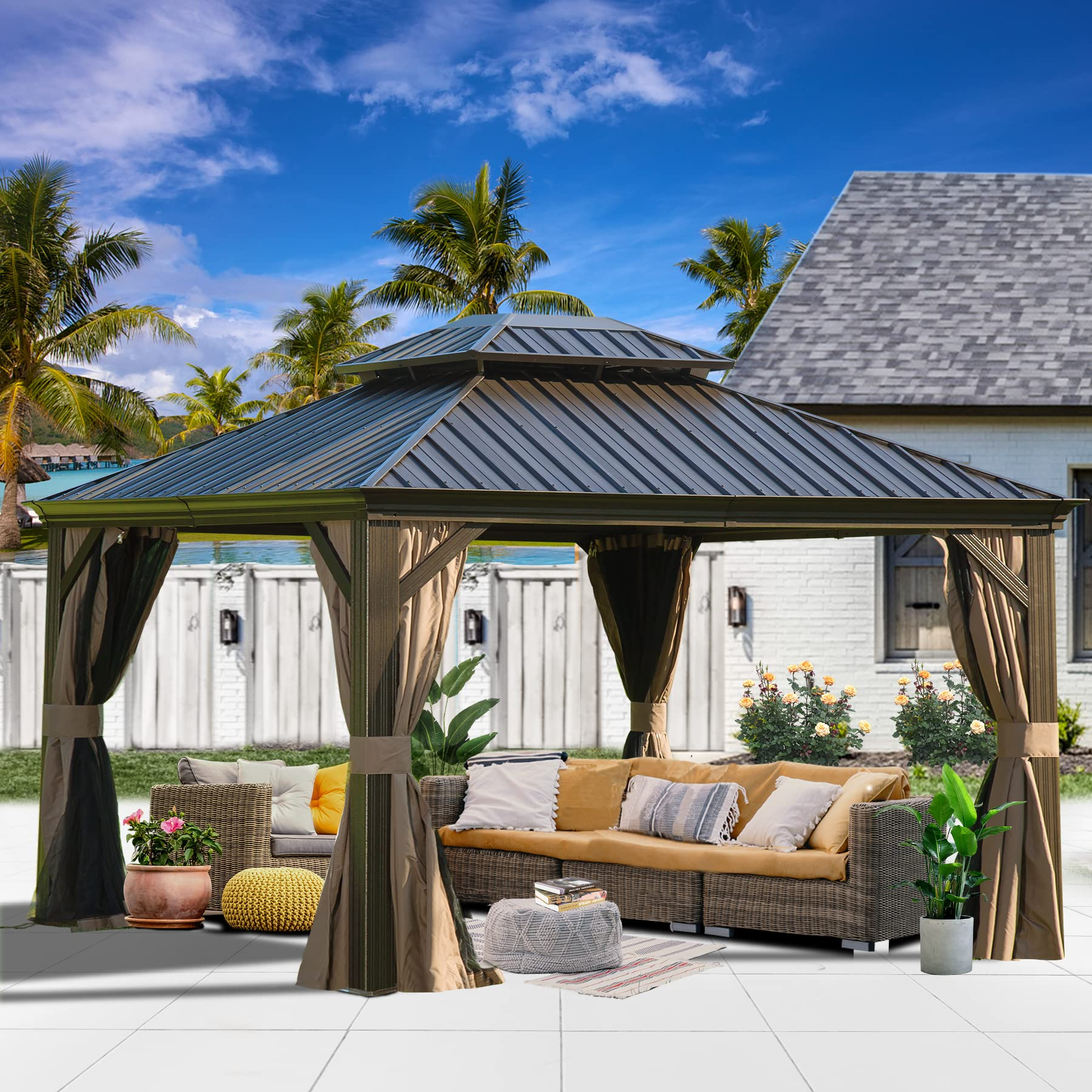 10x12 Hardtop Gazebo Outdoor Aluminum Gazebos Grill with Galvanized Steel Double Canopy