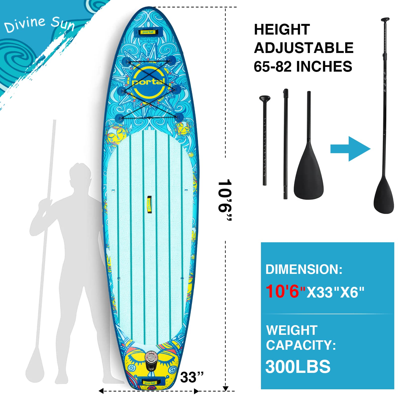 Portal Stand Up Paddle Board, 10'6x33 x6 Inflatable Paddle Boards with SUP Accessories Including Carry Bag, Hand Pump, Paddle, Leash, Fin, Repair Kit, Waterproof Phone Case