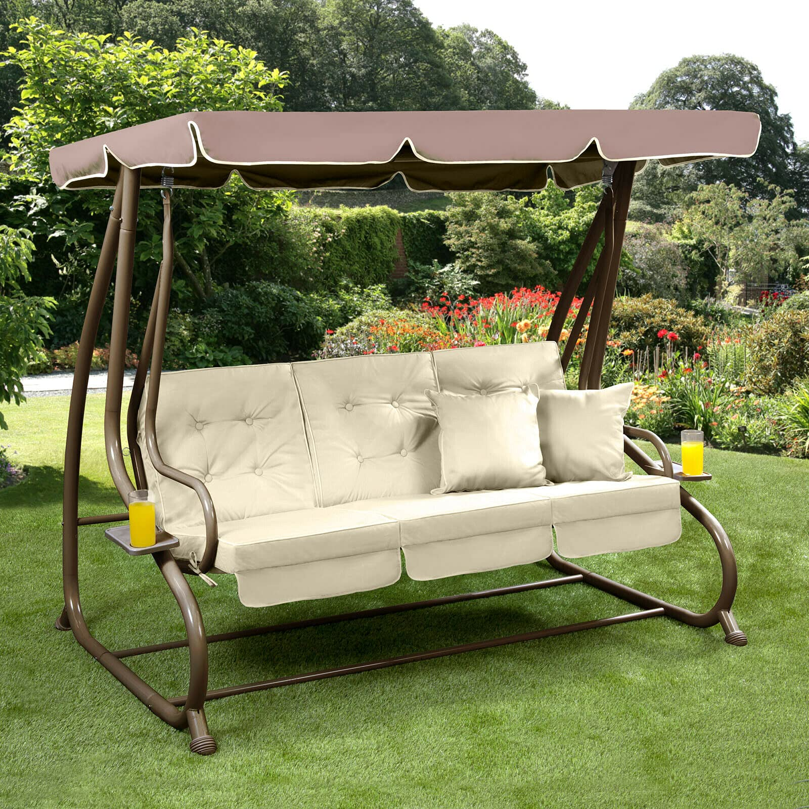 【Home&Garden】【BS】Somerset 3 Seat Swing Hammock Bed Heavy Duty Garden Bench Patio Brown Cream Seat