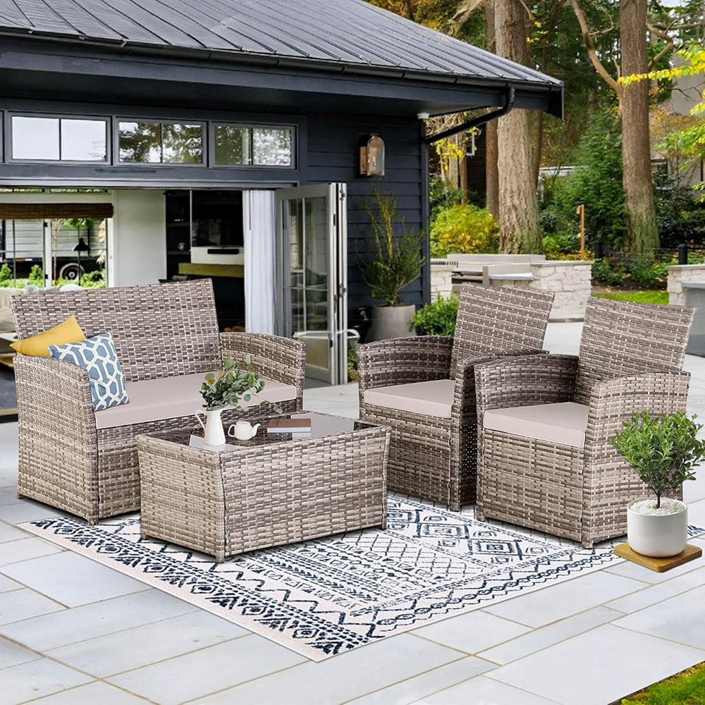 4 Piece Patio Furniture Set, Indoor/Outdoor Rattan Sectional Sofa Living Room Bistro Set