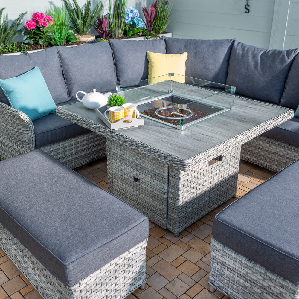 Hartman Heritage Grand Square Tuscan Casual Dining Set with Fire Pit Table – Ash/Slate