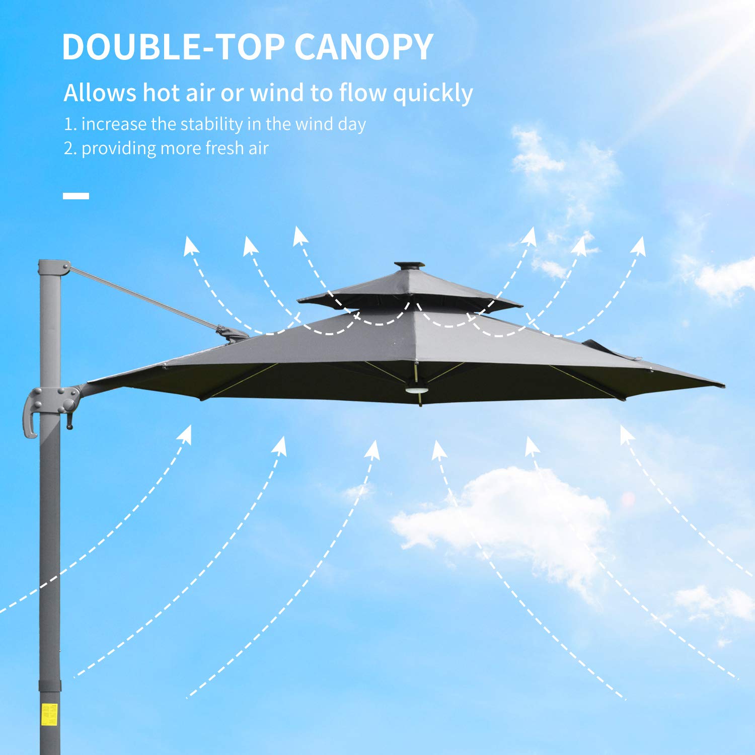 Outsunny 3(m) Cantilever Roma Parasol with LED Solar Lights, Crank & Tilt, Aluminium Frame, Cross Base and Adjustable Canopy 360° Rotating Sun Umbrella with 2-Tier Shade