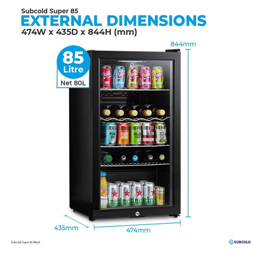 Subcold Super85 LED – Under-Counter Fridge | 85L Beer, Wine & Drinks Fridge | LED Light + Lock and Key | Energy Efficient (Silver, 85L) [Energy Class E]